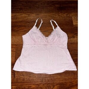 Pink Seersucker Lace Trim Camisole Top V-Neck Adjustable Straps Coquette L